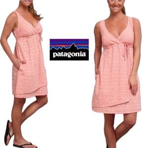 Patagonia Island Hemp Chambray Stripe Catalan Coral Faux Wrap Crossover Dress 6